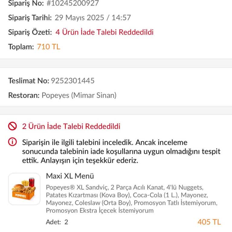 Eksik Ve Kötü Durumda Gelen Siparişe İade Ve Fatura Reddedildi