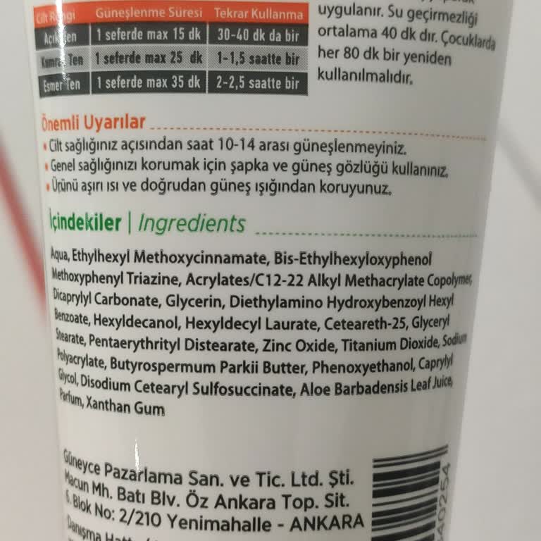 Agarta Bitkisel Kozmetik Güneş Kremi İçeriği