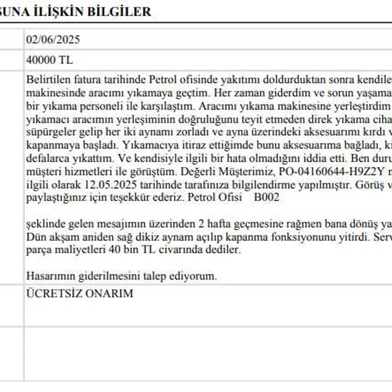 Otomatik Araç Yıkama Sonrası Kırılan Ayna Ve Yetersiz Müşteri Desteği