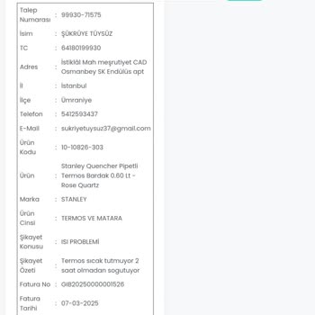 Yetkili Servise Gönderilen Termos İçin Bilgi Ve İletişim Sorunu