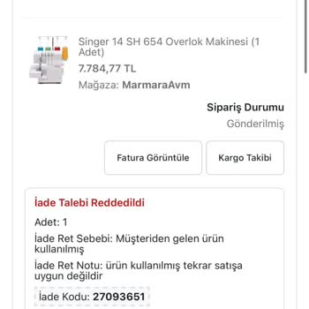 Arızalı Dikiş Makinesi İadesi Reddedildi, Satıcı Çözüm Sunmuyor