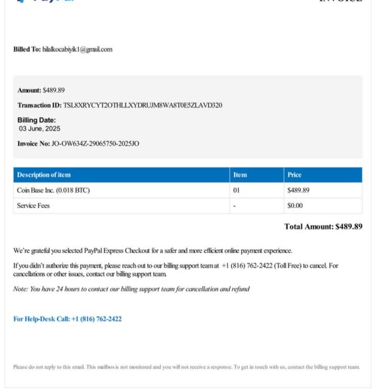 PayPal Hesabım Olmadan Adıma Bitcoin Faturası Kesildi