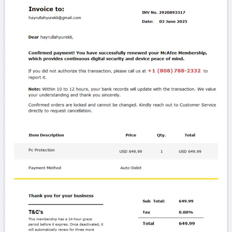 Mcafee Adına Gelen Sahte Abonelik Ve Ödeme Bildirimi Hakkında Şikayet