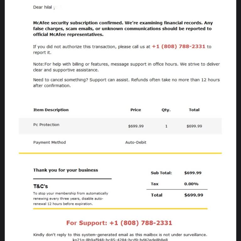 Mcafee Adını Kullanarak İzinsiz Ödeme Tehdidi Ve Sahte Üyelik Bildirimi