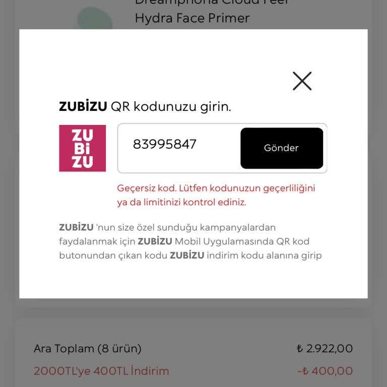 Kiko Uygulamasında ZUBİZU İndirim Kodu Geçersiz Hatası