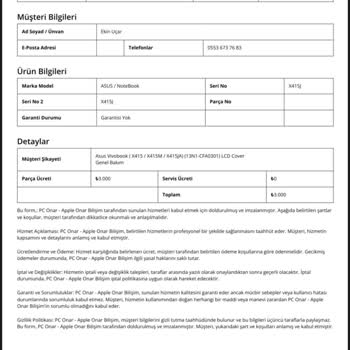 Bilgisayar Ekran Onarımı İçin Alınan Ücretin İadesi Yapılmadı