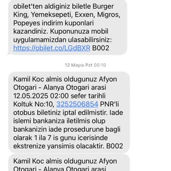 Zamanında İptal Edilen Otobüs Biletimin Ücreti İade Edilmedi