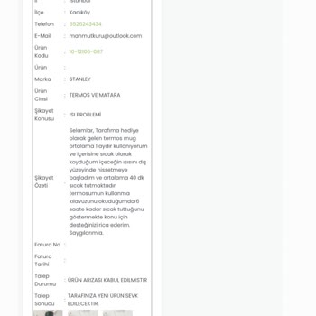 Stanley Termos Değişimi Bir Aydır Kargoya Verilmiyor