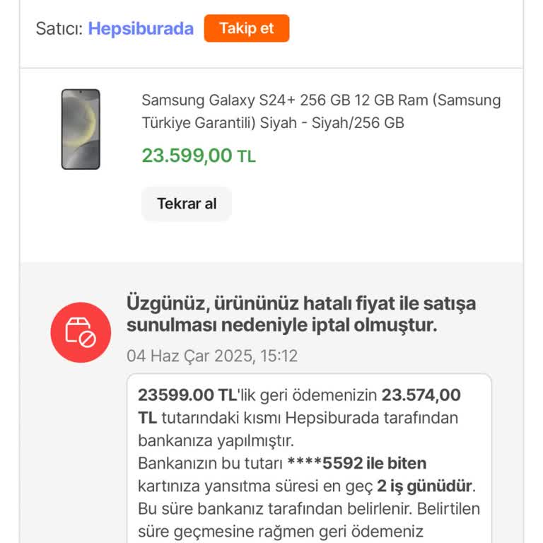 Hatalı Fiyat Nedeniyle Bilgilendirmesiz Sipariş İptali