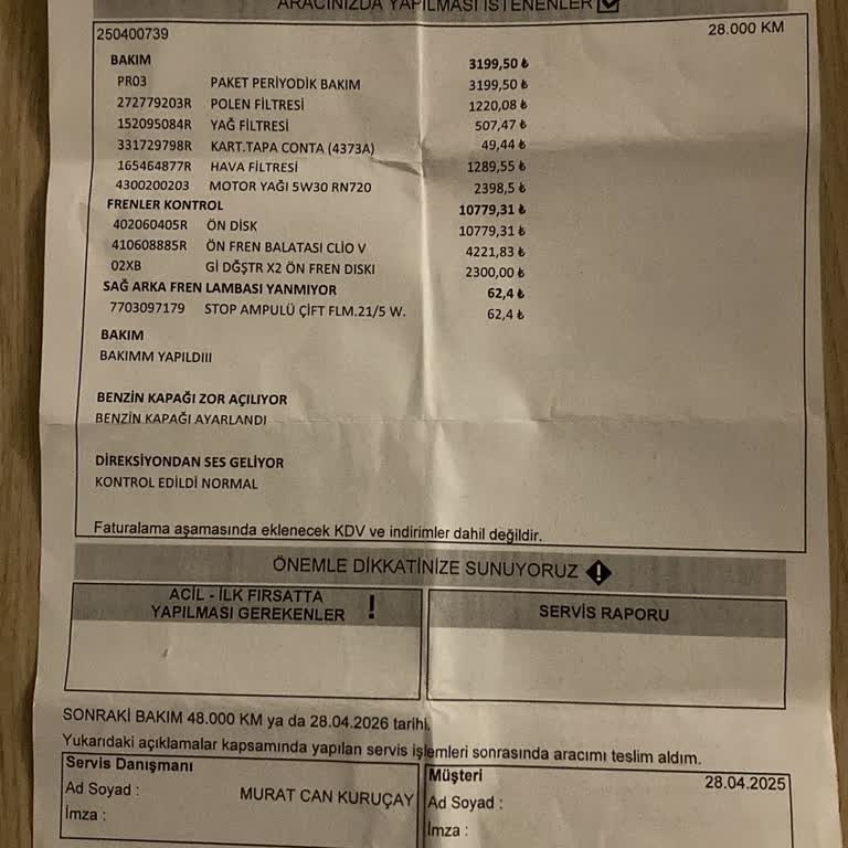 28 Bin Kilometrede Disk Değişimi Ve Servis Sürecinde Yaşanan Sorunlar