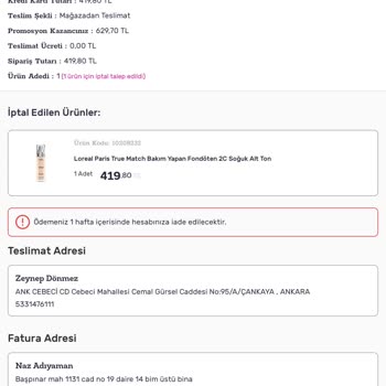 Gratis Alışverişimde İptal Sonrası Para İadesi Yapılmadı