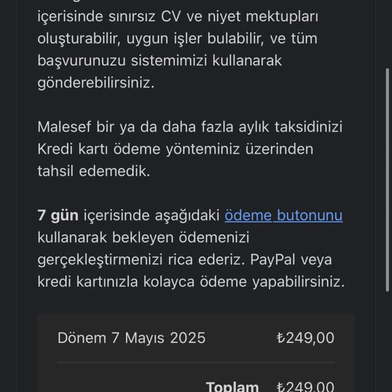 CV Maker'da Tek Seferlik Ödeme Sonrası Sürekli 250 TL Talebi