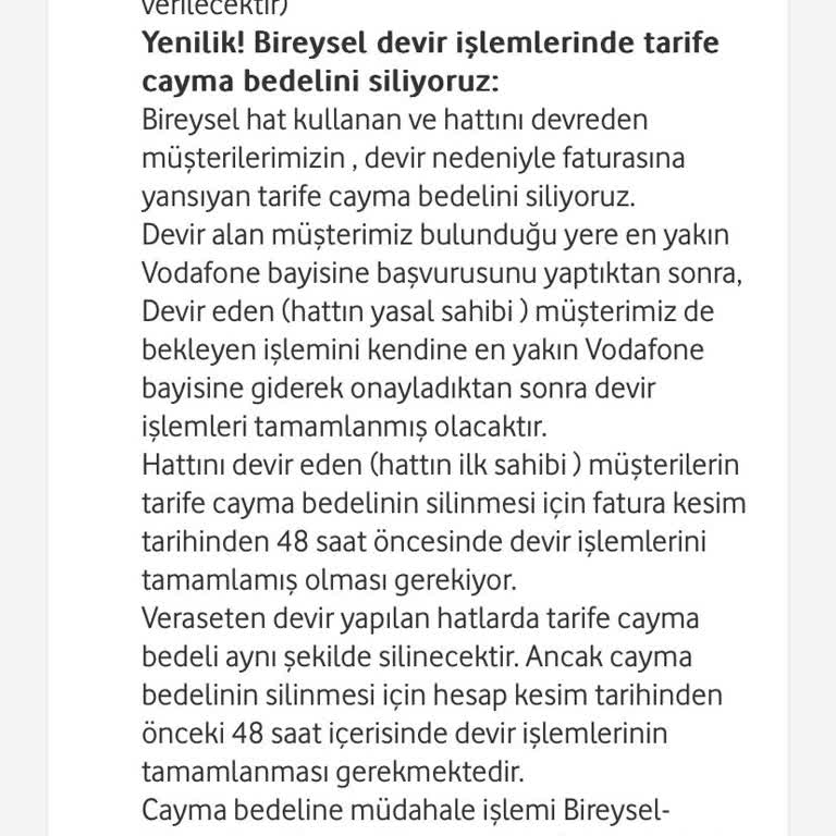 Vodafone Hat Devir İşleminde Çelişkili Cayma Bedeli Bilgisi