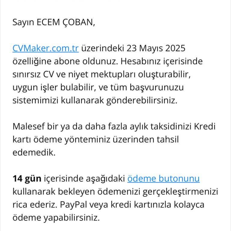 CV Maker Tek Seferlik Ödeme Sonrası Otomatik Üyelik Ve Sürekli Ödeme Talebi
