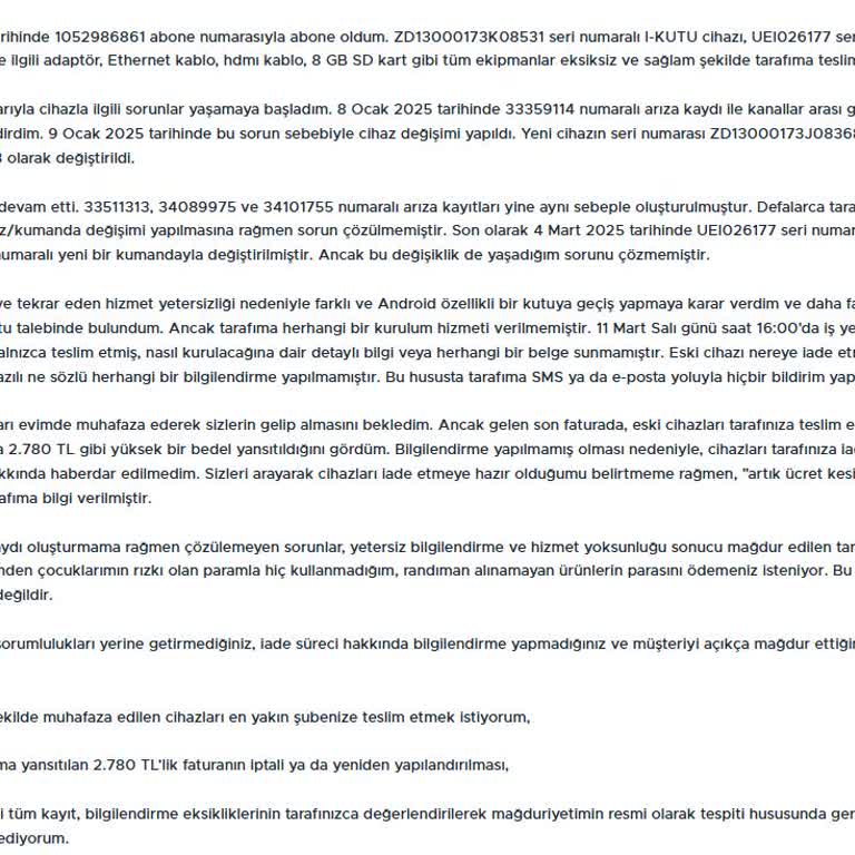 Kablo TV Tekrarlayan Cihaz Sorunları ve Yetersiz Hizmet Nedeniyle Mağduriyet