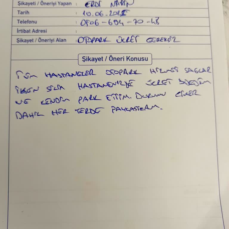 Otopark Ücretlendirmesi Nedeniyle Hizmetten Memnuniyetsizlik