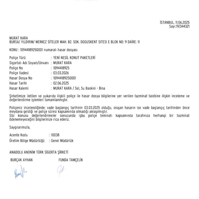 Anadolu Sigorta Üst Kattan Gelen Tekrar Eden Su Sızıntısında Dosyamı Reddetti