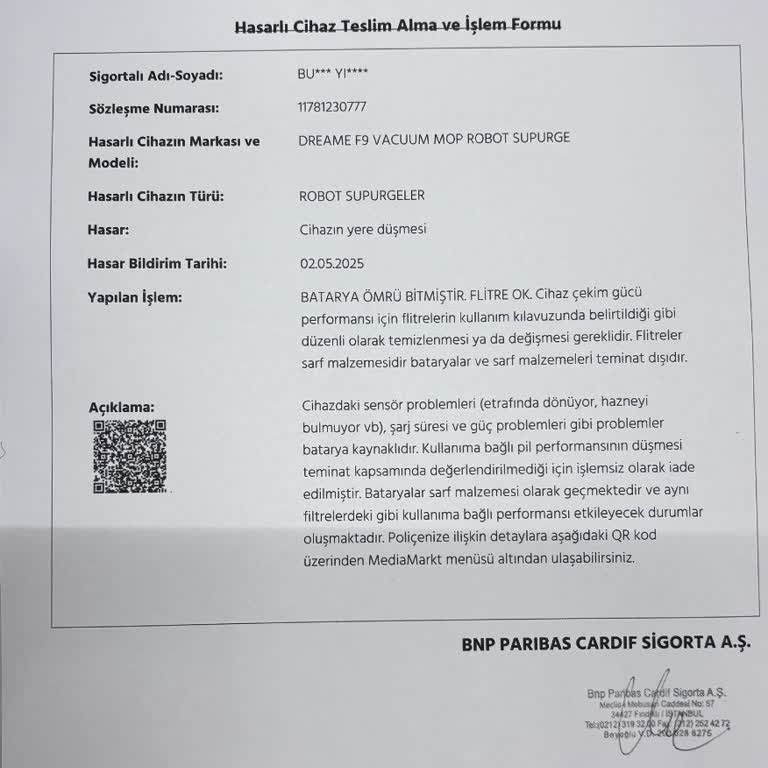 Ek Kasko Kapsamında Batarya Değişimi Yapılmadı