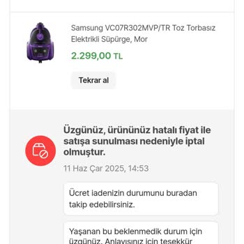 Hatalı Fiyat Gerekçesiyle İptal Edilen Süpürge Siparişim Mağduriyet Yarattı