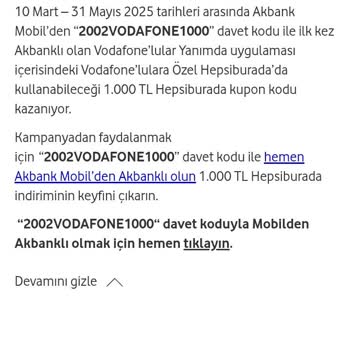 Vodafone Akbank Kampanyasında Hepsiburada Kodu Verilmedi