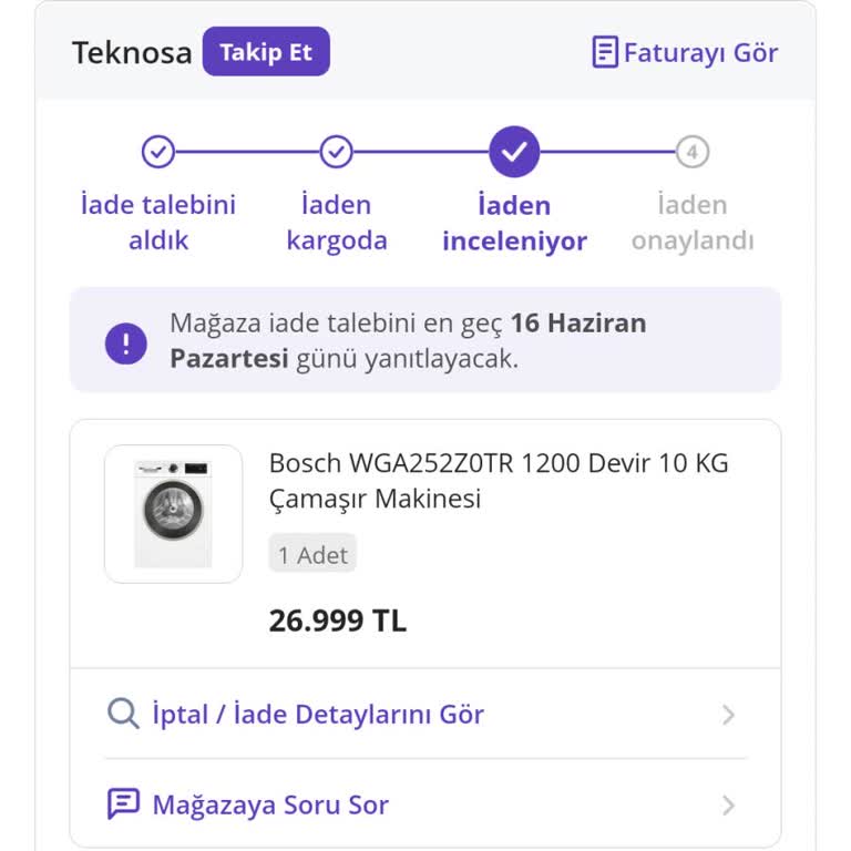 Hasarlı Gelen Çamaşır Makinesi İçin İade Sürecinde Mağduriyet Yaşıyorum