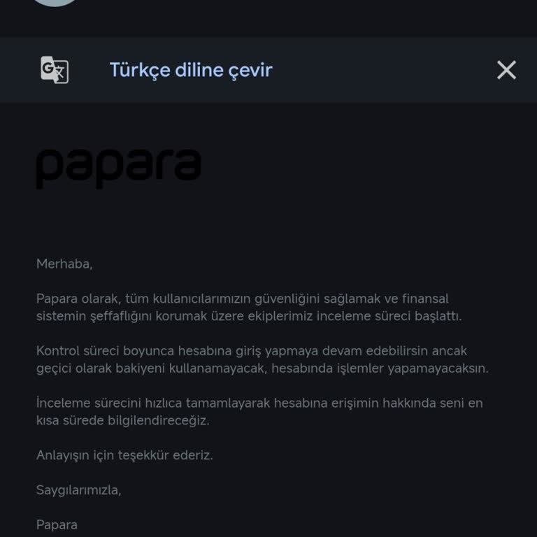 Papara Hesabımın İncelemeye Alınma Nedeni Ve Mağduriyetimin Giderilmesi Talebi