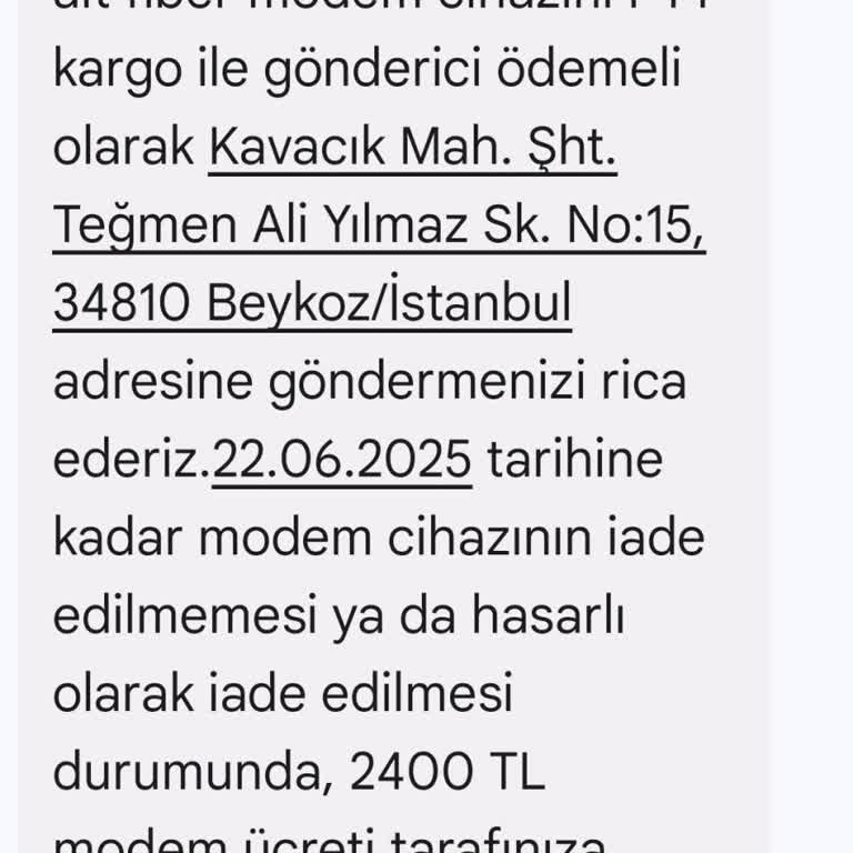 Modem İadesi Konusunda Haksız Fatura Tehdidiyle Karşılaştım