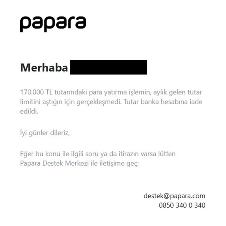 Papara Hesabıma Yapılan 170.000₺ Fast Transferi İade Edilmedi, Paramı Geri İstiyorum