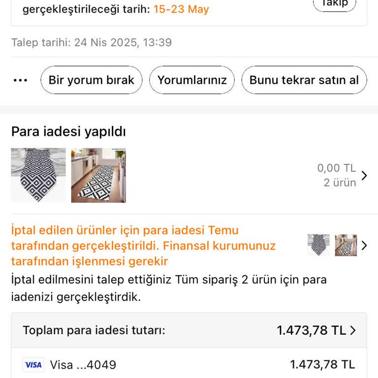 Temu'dan Yaptığım Alışverişin İadesi Gerçekleşmedi