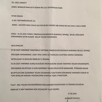 A101'den Satın Aldığım Elektrikli Motor Teslim Edilmedi, Para İadem Yapılmıyor