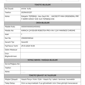 Arızalı Çay Makinesi Değişiminde Yetersiz Ürün Ve Fiyat İadesi Sorunu