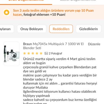 Gama Ev Aletleri İki Ayda Bozulan Blender İçin Değişim Talebim Reddedildi