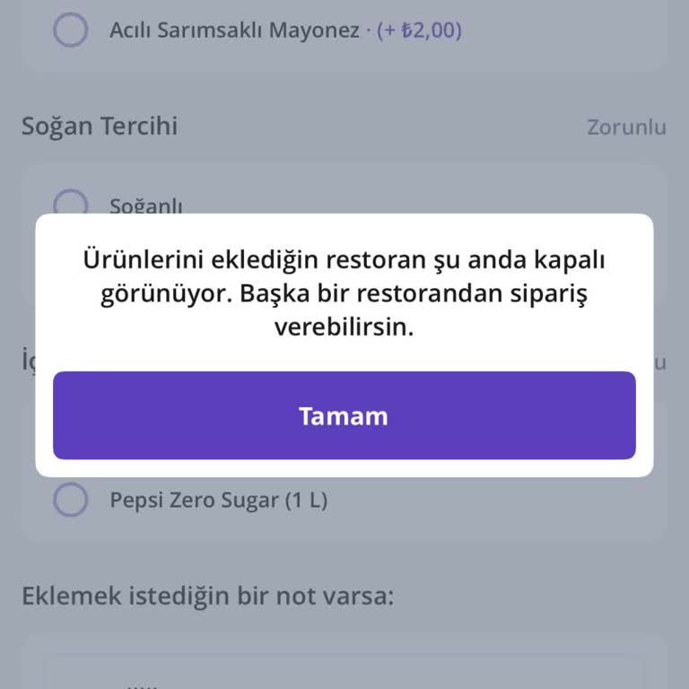 Çalışma Saatlerine Uymayan Restoran Nedeniyle Sipariş Verememe Sorunu