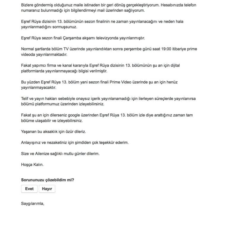 Prime Video'da Eksik Yayınlanan Dizi Bölümü Nedeniyle Üyelik Ve Ücret İadesi Talebi