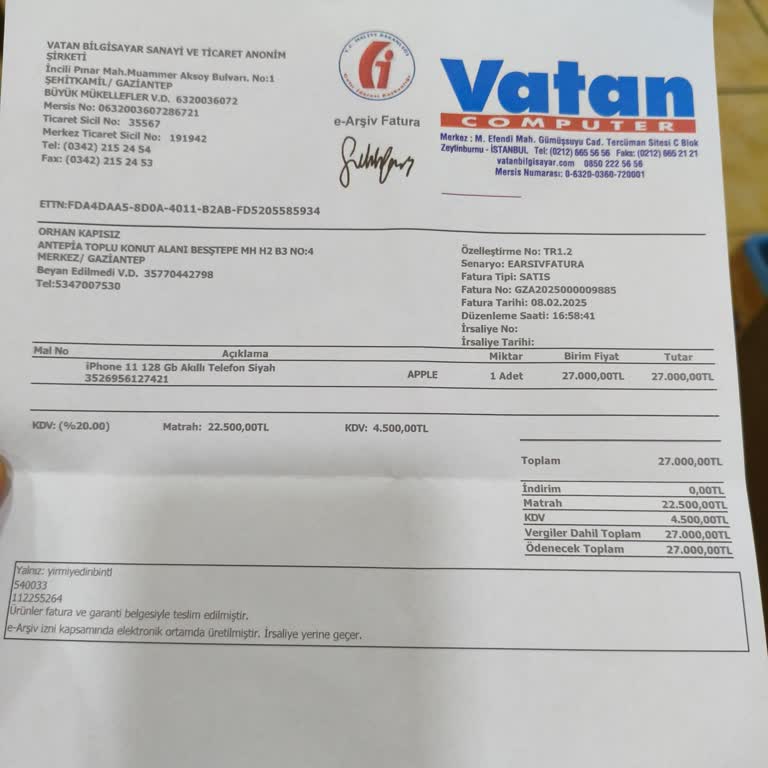 Vatan Bilgisayar Adına Kesilen Şüpheli Fatura Ve Yetersiz Destek