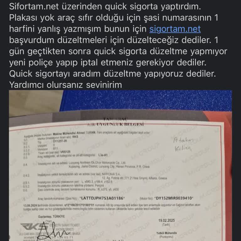 Sigortam.net Ve Quick Sigorta Arasında Düzenleme Sorunu Nedeniyle Motosikletimi Teslim Alamıyorum