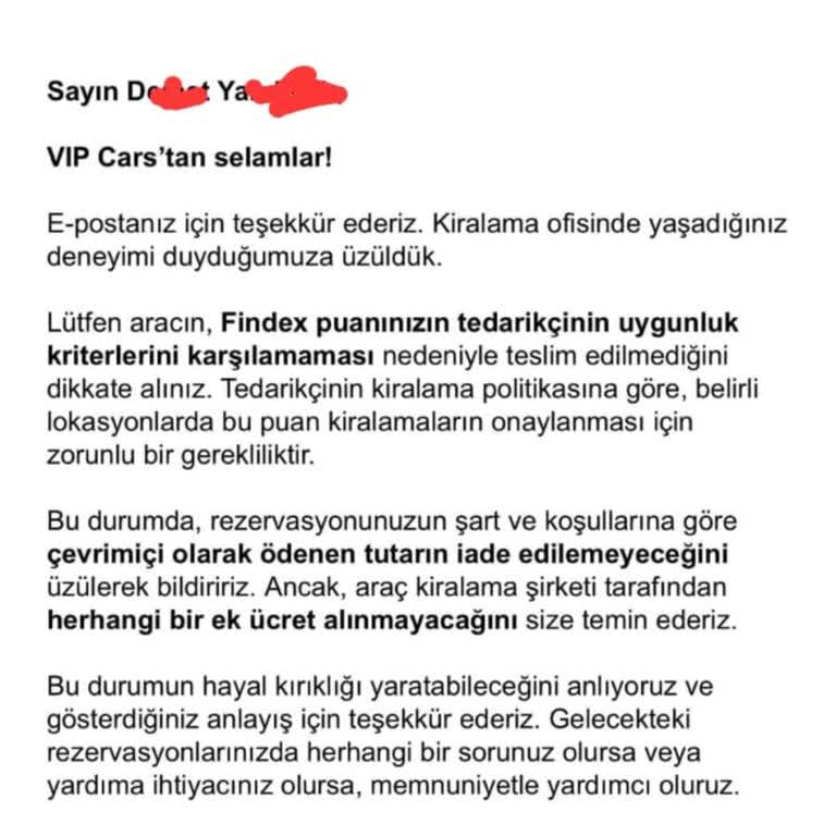 Kiralık Araç İptal Edildi Para İadesi Yapılmıyor