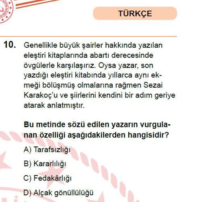 Milli Eğitim Bakanlığı LGS 2025 Türkçe 10. Soru Cevap Anahtarı Hatalı