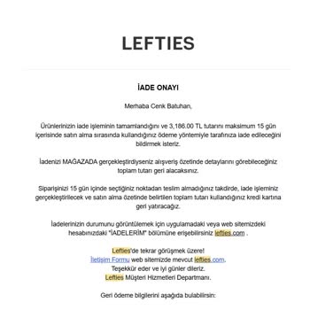 Lefties'den Yaptığım İade Bir Ayı Geçti, Paramı Alamıyorum Ve Destek Yetersiz