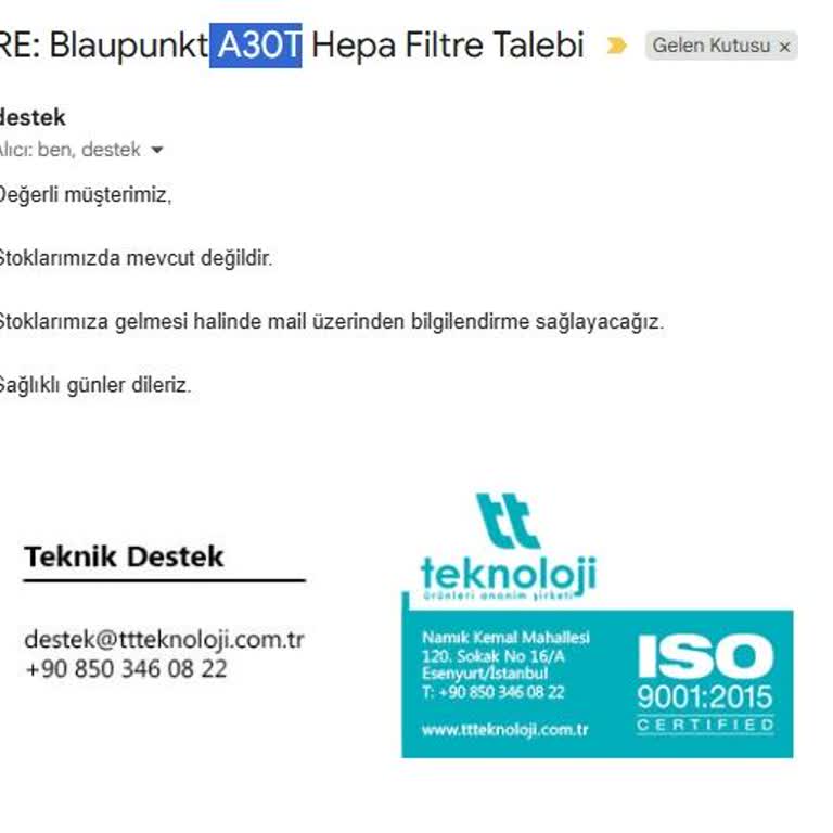 Blaupunkt A30T Süpürge İçin Hepa Filtre Stok Sorunu Ve Yedek Parça Temin Edilememesi