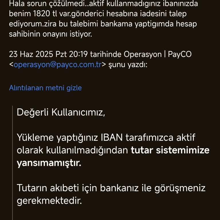 Payco Hesabına Yapılan Transferde Para Kayboldu, Destek Alınamıyor