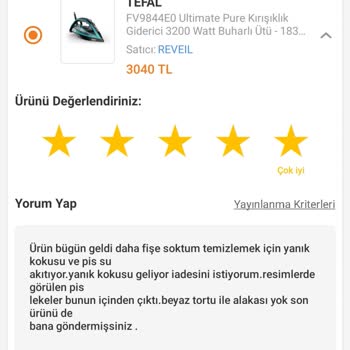 Tefal Ütüde İlk Kullanımda Koku Ve Kirlenme Sorunu, İade Sürecinde Mağduriyet
