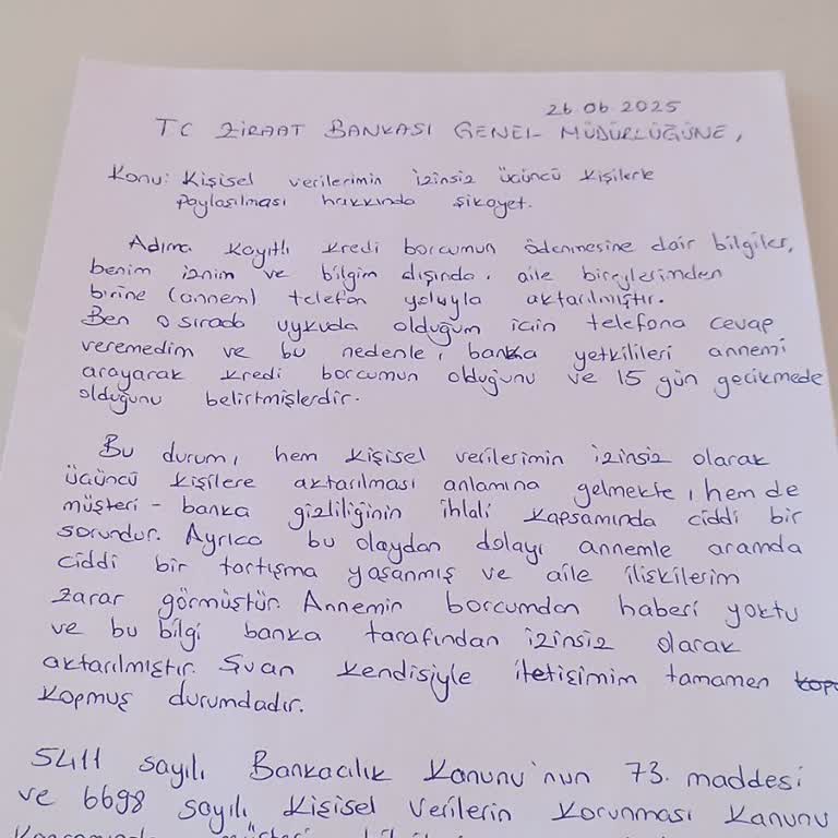 Ziraat Bankası Kredi Borcumu Aileme İzinsiz Bildirerek Gizliliğimi İhlal Etti
