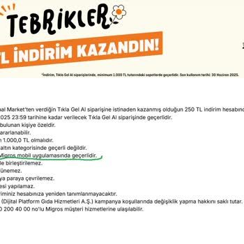 Migros'tan Hak Edilen İndirim Çekinin Sonradan Eklenen Mobil Şartı Nedeniyle Kullanılamaması