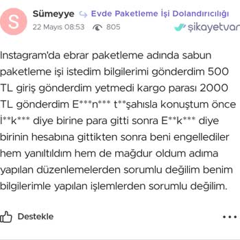 Ebrar Paketleme Paramızı Ve Bilgilerimizi Aldı