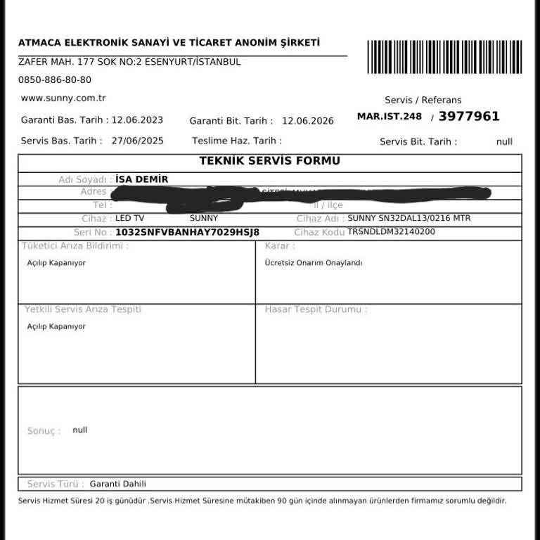 Sunny TV'de Tekrarlayan Arıza Ve Değişim Talebine Olumsuz Yanıt