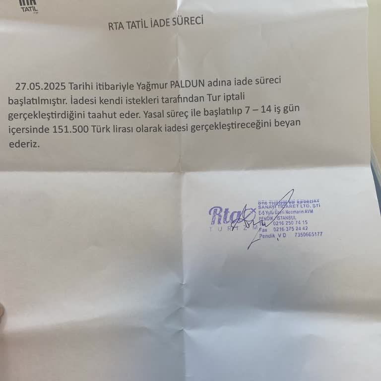 RTA Turizm İle Yaşanan İade Ve İletişim Sorunu