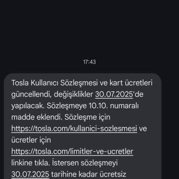 Hiç Kullanmadığım Tosla'dan Sözleşme Ve Kart Ücreti Mesajı Geldi