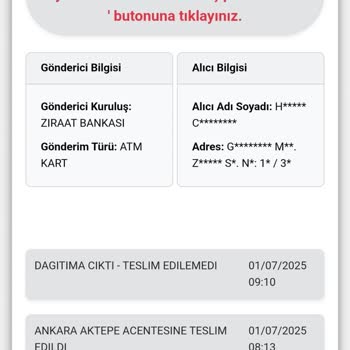 Kuryenet İle Ziraat Kartlarım Teslim Edilmiyor, Mağduriyet Yaşıyorum