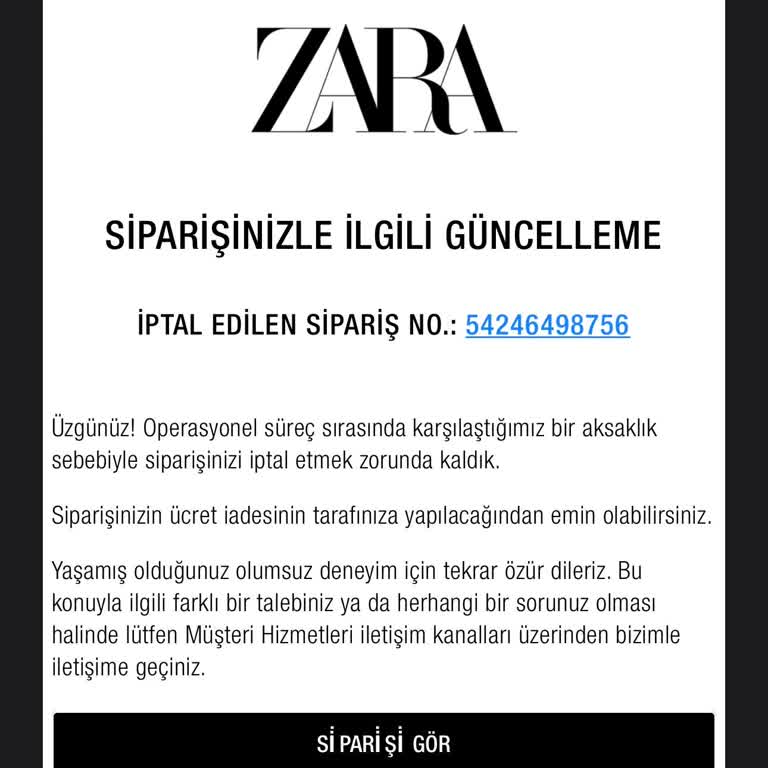 Zara İndirimli Ürün Siparişim Stokta Olmasına Rağmen İptal Edildi